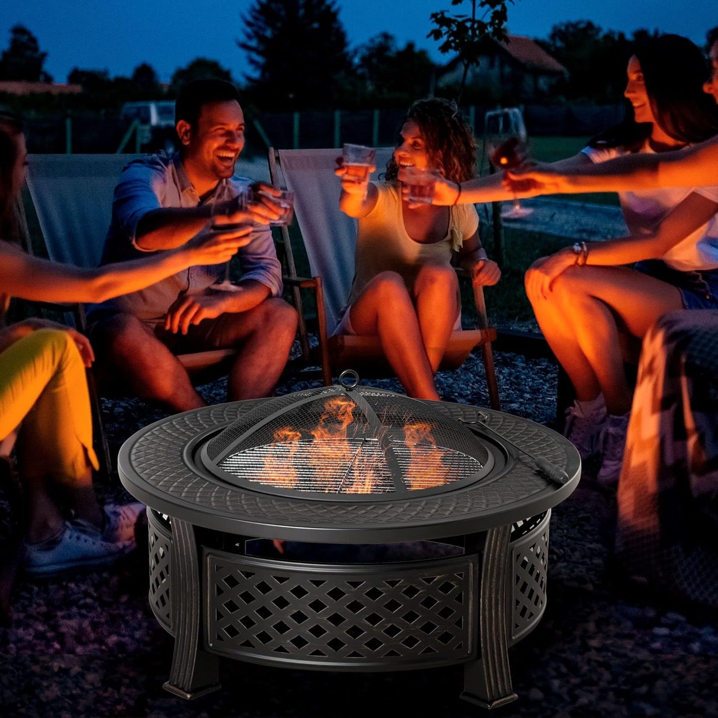 Outsunny 81 x 81 x 50 cm Outdoor Fire Pit, Round Firepit with Grill Net, Mesh Lid, Poker, for Garden, Camping, Bonfire, Picnic, Bronze Tone