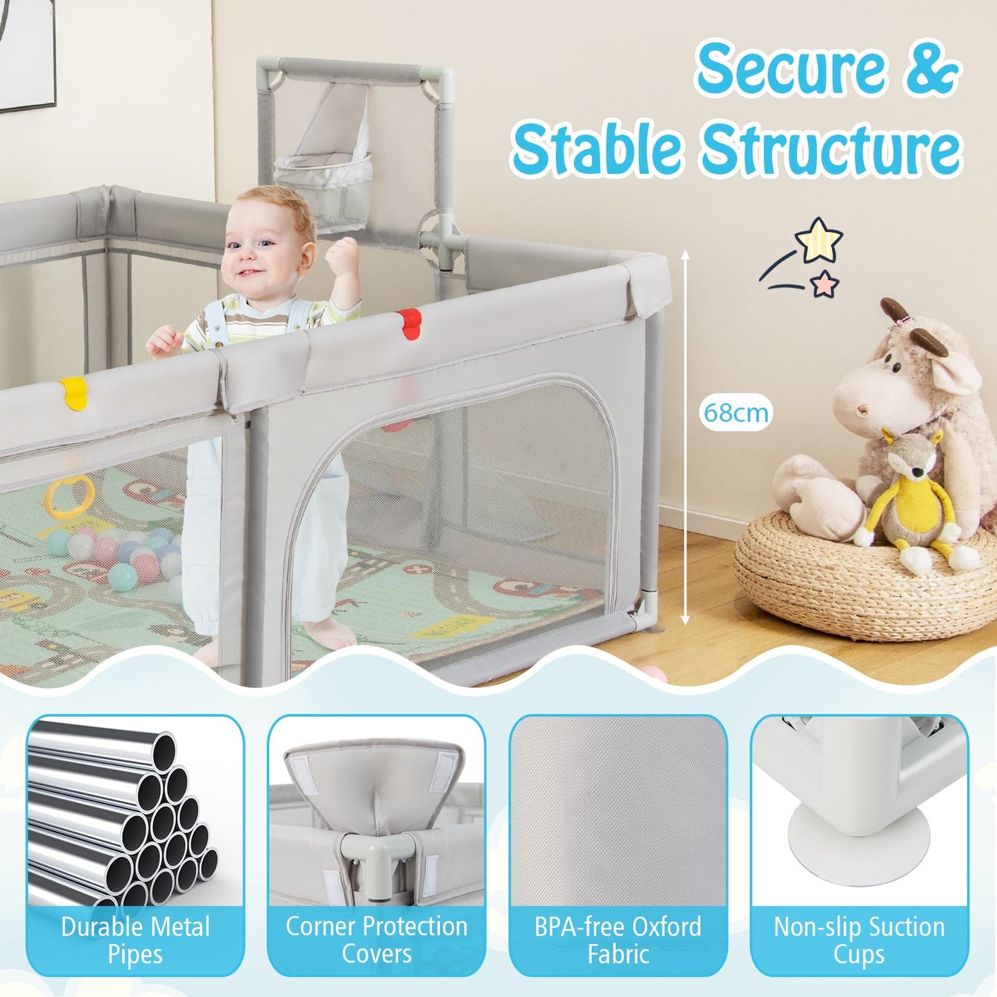 COSTWAY Baby Playpen, Toddler Mesh Play Pen with Mat, Pull Rings, Basketball Hoop, Football Nets, Ocean Balls, Indoor Outdoor Safety Playard for Babies and Toddlers (Light Gray, 207 x 142cm)