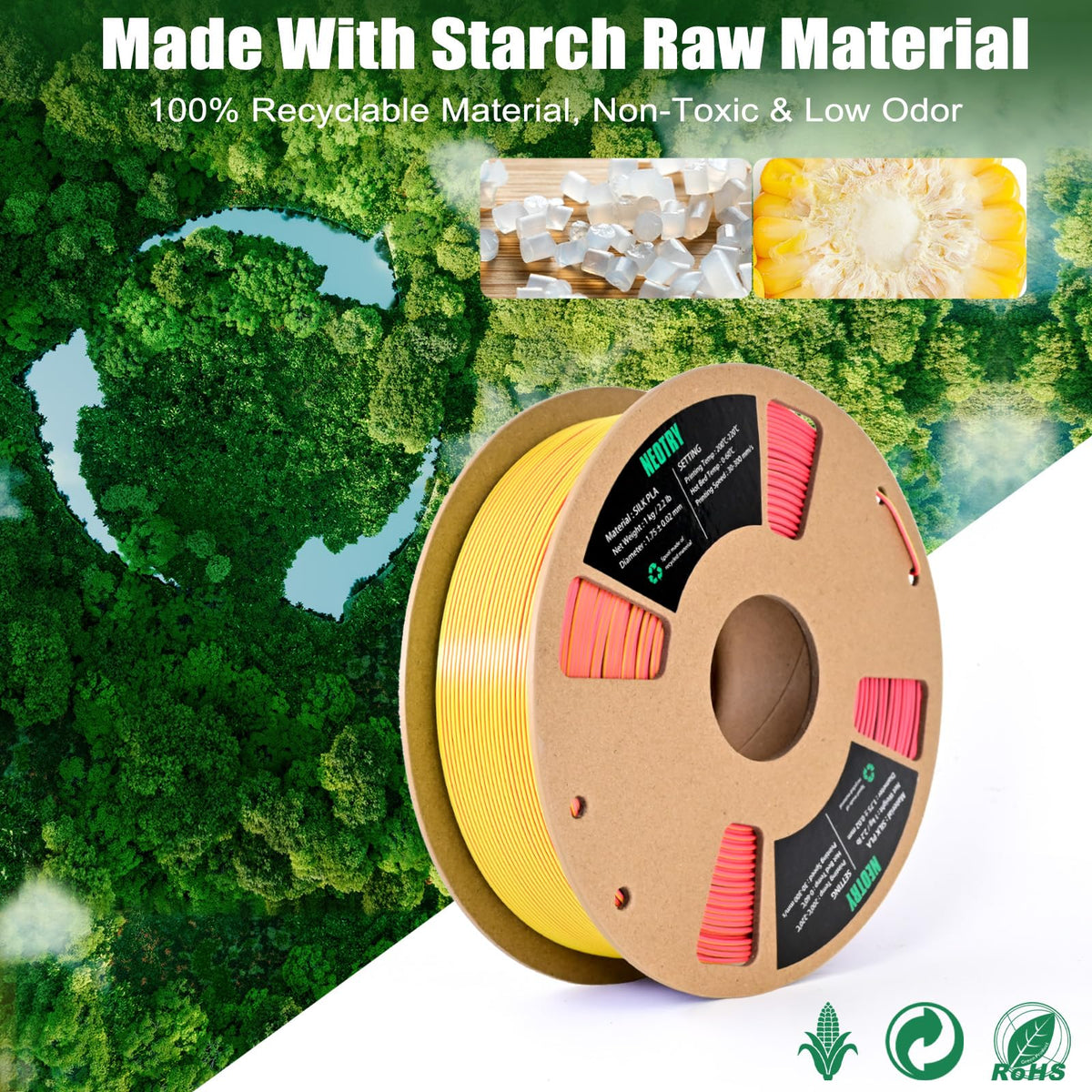 Silk Tri Colour PLA Filament 1.75mm 1kg, Multicolor 3D Printer Filament, Filament 3D Printing Materials for Most FDM 3D Printer, Silk PLA Red Yellow Blue, Rainbow PLA Filament 1.75mm ± 0.02
