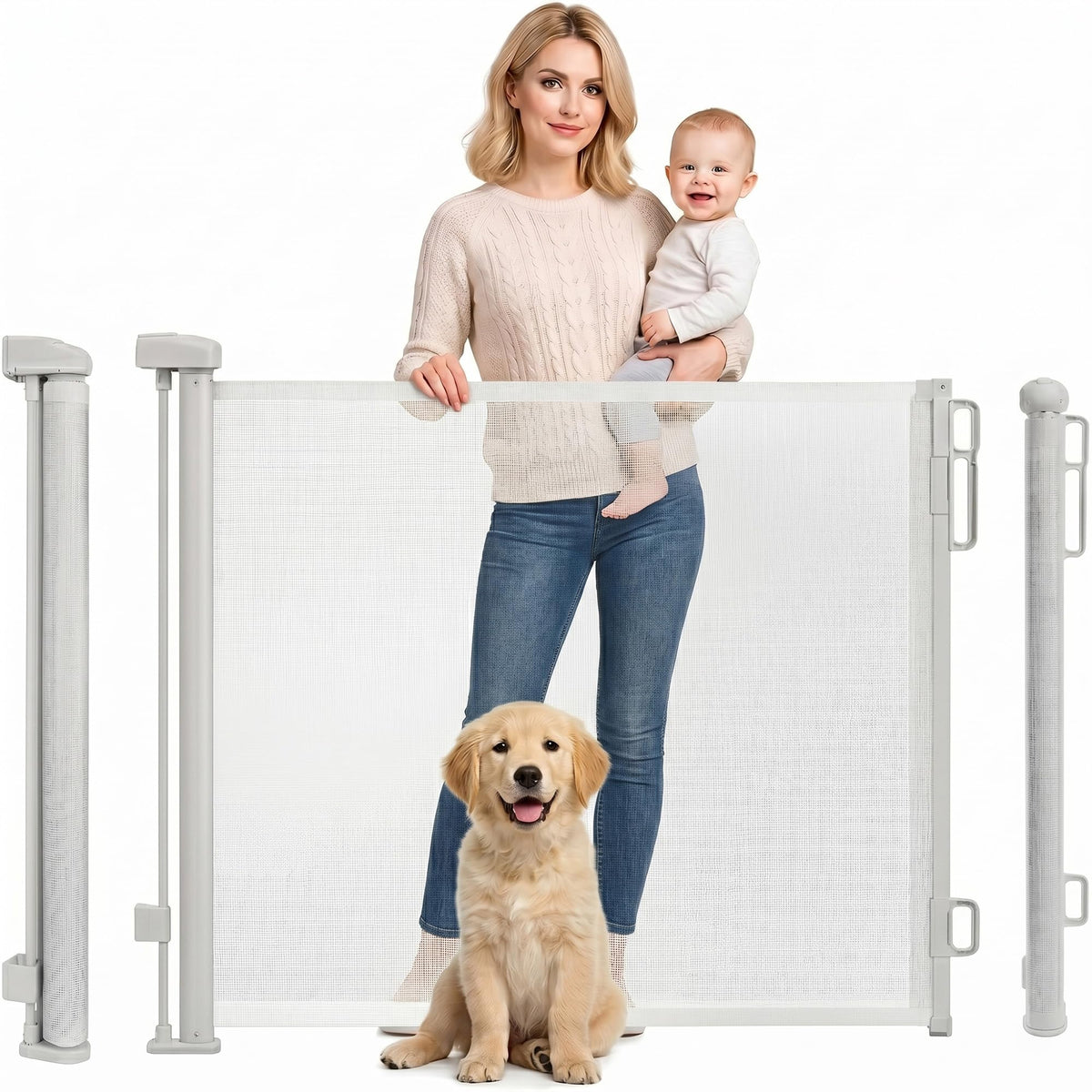 Rainberg Retractable Stair Gate for Baby & Pet with Secure 2-Step Lock 150cm Wide & 80cm Tall, One Hand Operated Baby Gate, Child Safety Gate for Doorways Stairs, Hallways, Kitchen (Grey)