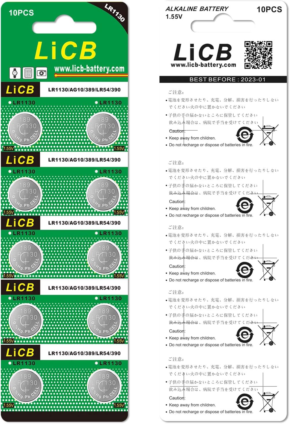 LiCB 10 PCS LR1130 AG10 SR1130 LR54 Battery 1.5V Button Coin Cell Batteries,Used in Many Small Electronics, Watch, Calculators, Toys