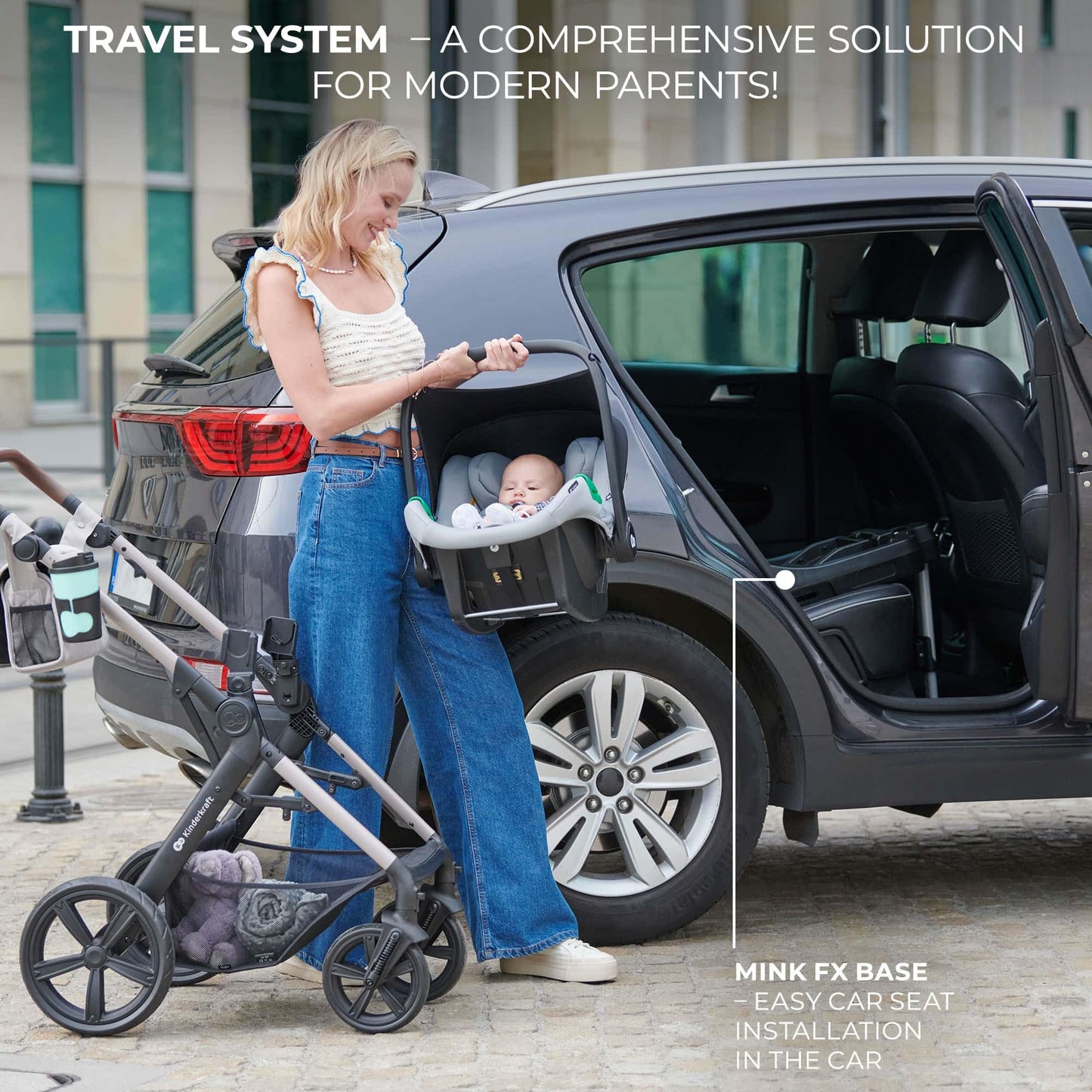 Kinderkraft MOOV 2 AIR 4 in 1 Set, Pram with Infant Car Seat with Isofix Base Mink PRO I-Size, Travel System, Baby Pushchair, Buggy, Foldable, from Birth to 22 kg, Inflatable Wheels, Gray