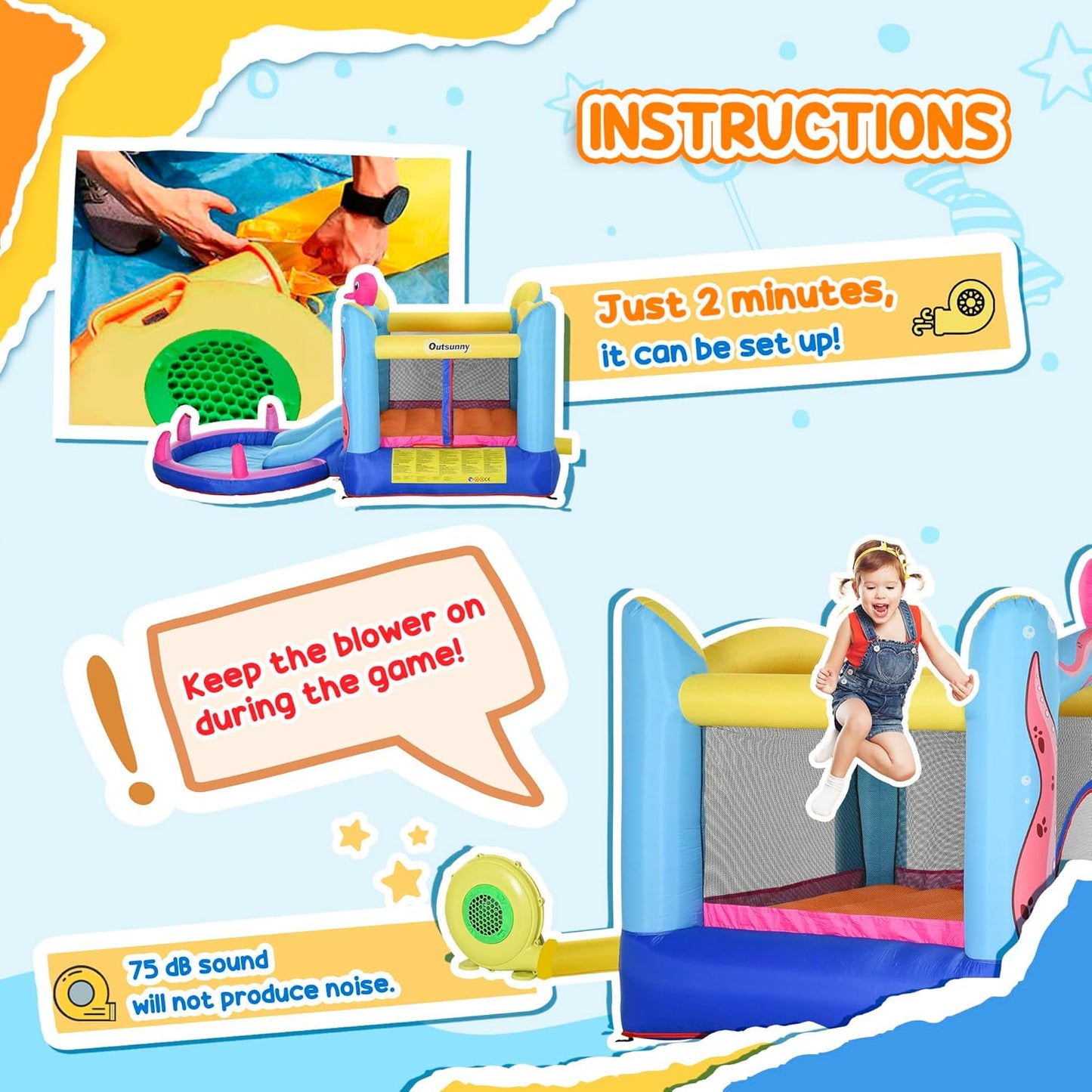 Outsunny 3-in-1 Octopus Inflatable Bouncy Castle with Water Slide, Pool & Sprayers — Ages 3-8