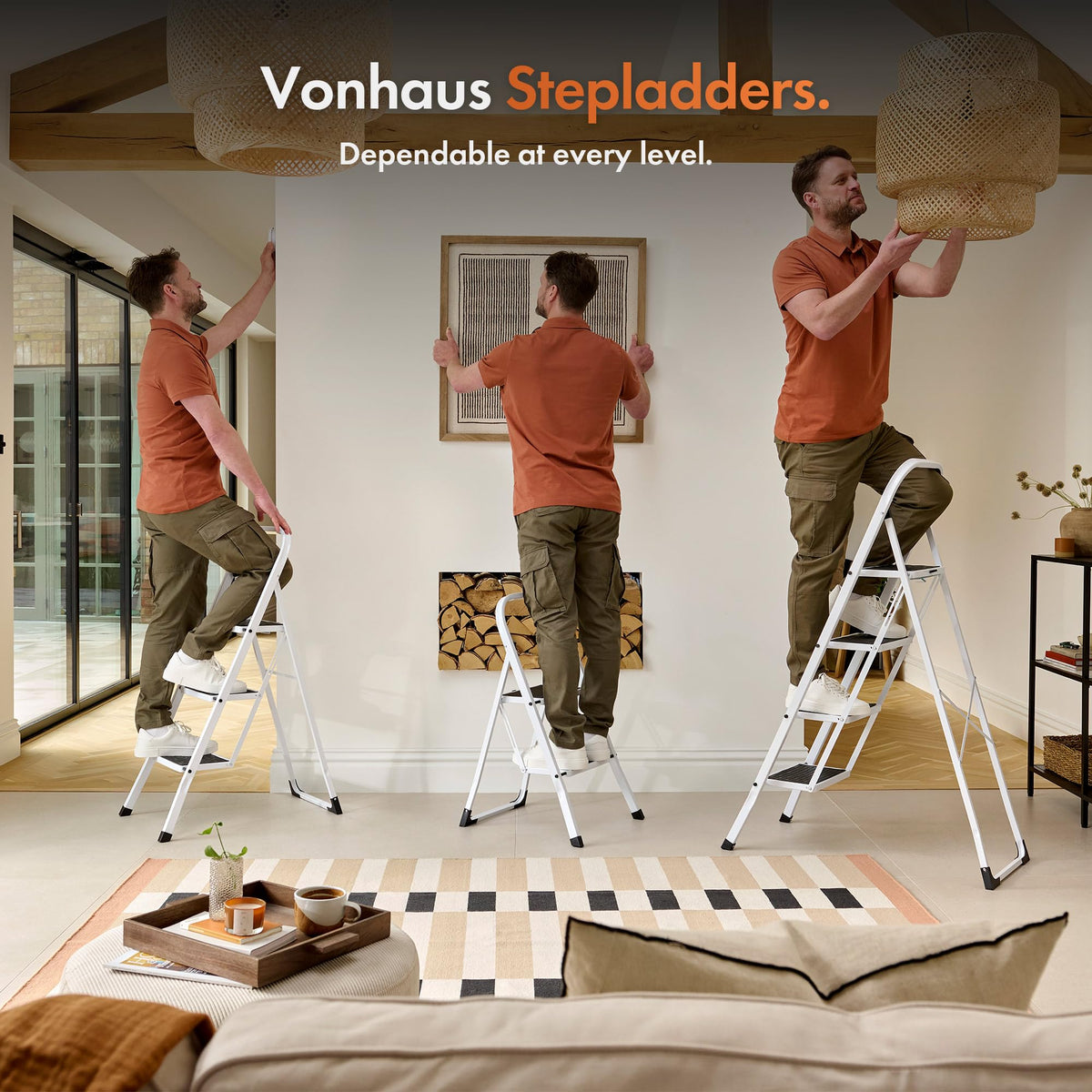 VonHaus 3 Step Ladder – Premium Quality Folding Step Ladder for DIY and Gardening - Anti Slip Feet, Easy to Store Ladder, 150KG Max Capacity - Durable Steel