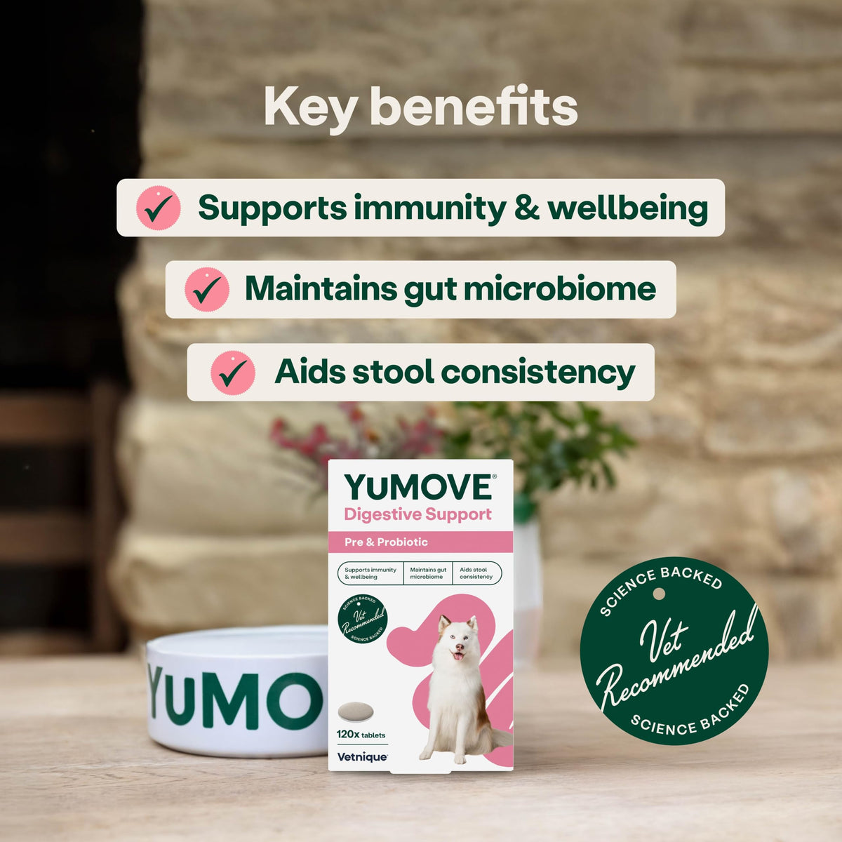 YuMOVE Digestive Care, Dog Pre and Probiotics Supplement for Gut Health, Digestive Support for All Ages and Breeds, 120 Tablets - Eco Friendly and Letter Box Ready Packaging