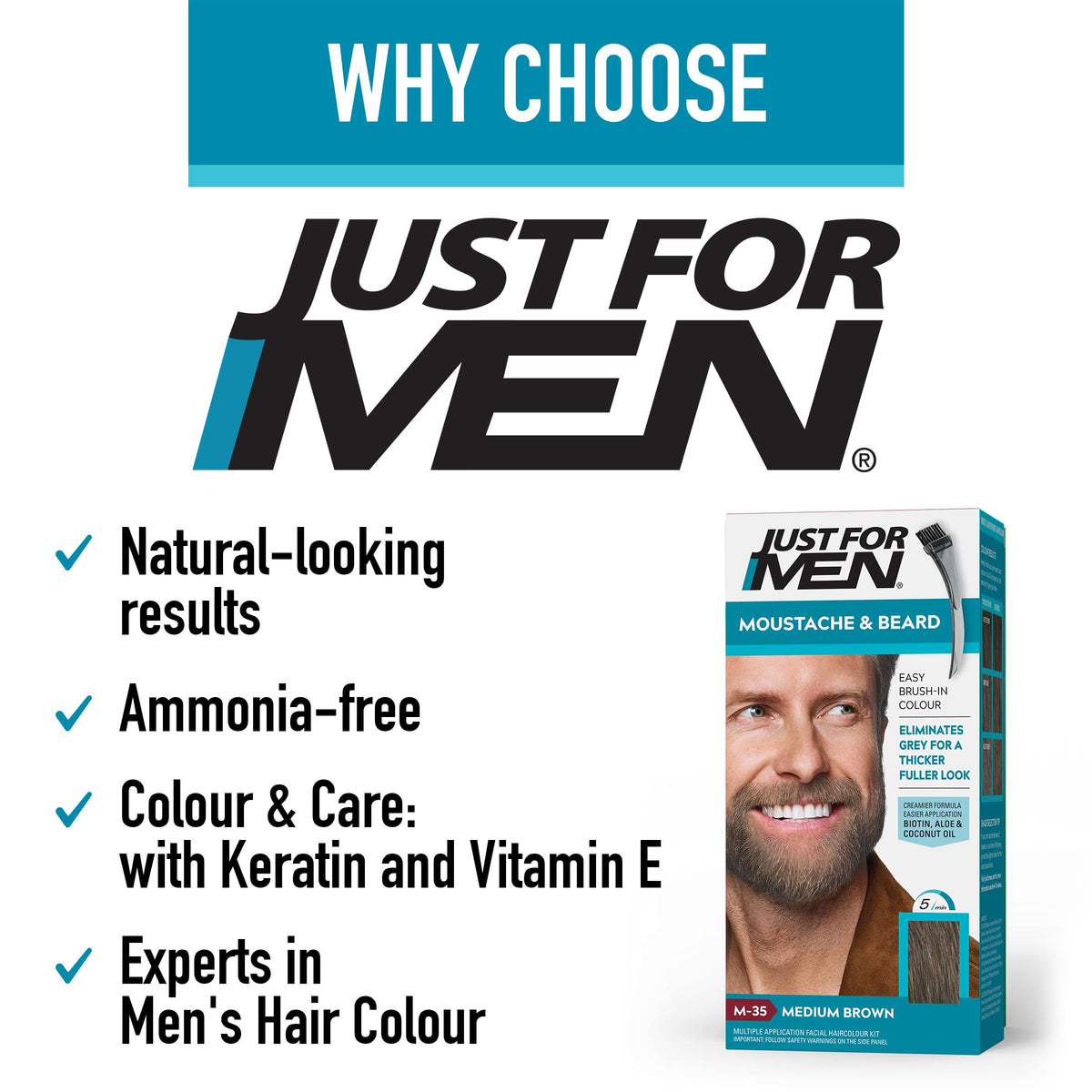 Just for men Moustache & Beard Dark Brown Dye, Eliminates Grey for a Thicker & Fuller Look M45