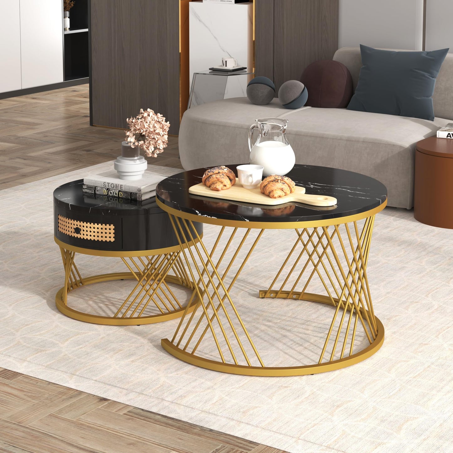 ModernLuxe 2-in-1 Coffee Table, Multi-functional Side Table with Marble Grain Veneer Top, Rattan Drawers, Solid Wood Handles, Gold Coloured Iron Legs, Round Nest of Tables for Living Room, Black