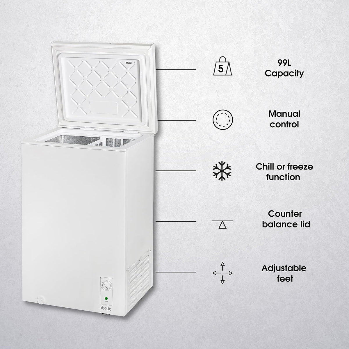 Abode Freestanding White Chest Freezer 99L with Removable Wire Basket & Counter Balance Lid, Adjustable Thermostat, 4 Star Freezer, Suitable for Garages & Outbuildings A99CF0E1W