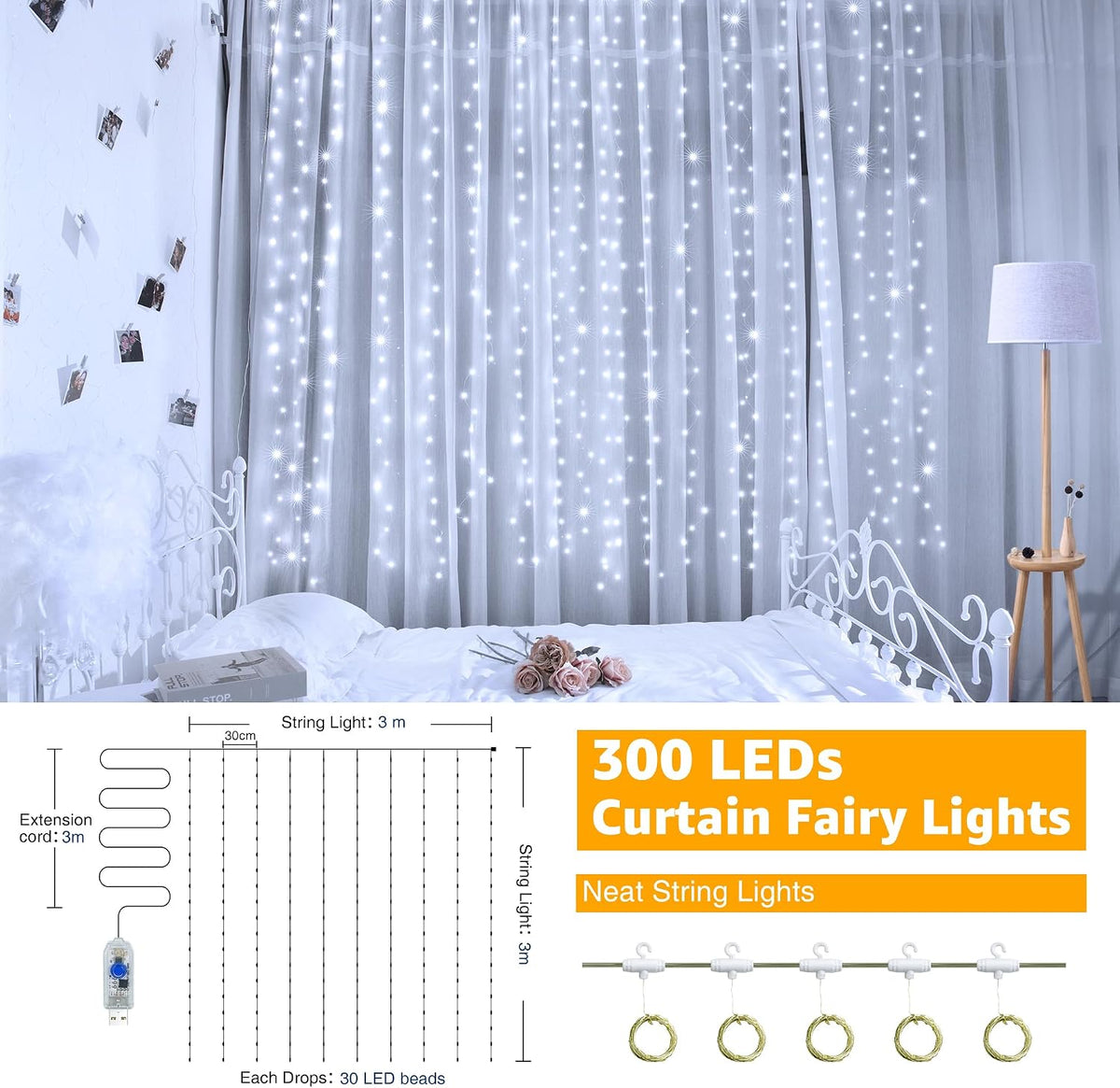 Ollny Curtain Fairy Lights, 300LED 3mx3m Waterfall Hanging String Lights