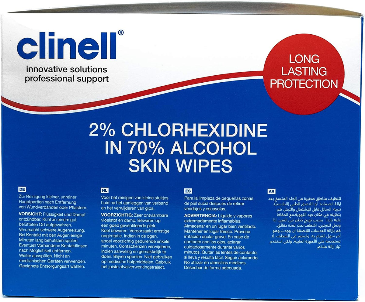 Clinell Skin Alcohol Wipes 200 Pack, Individually Wrapped - 2% Chlorhexidine & 70% Isopropyl Alcohol - Medical Cleansing Wipes - Hospital‑Grade, Latex‑Free & Dermatologically Tested