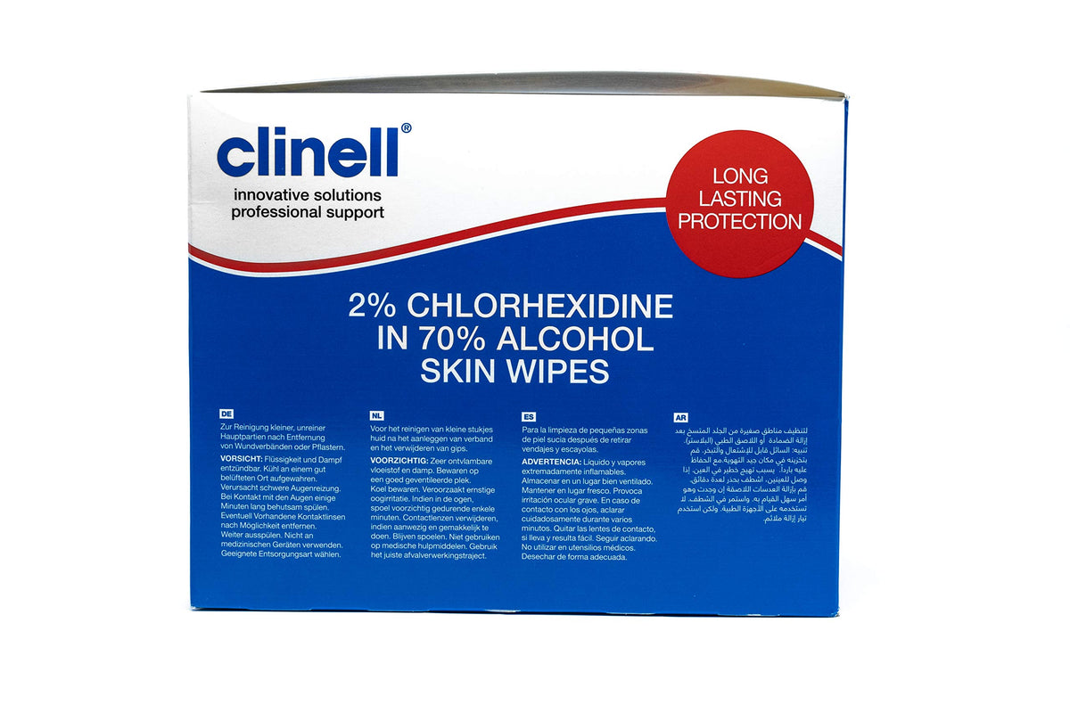 Clinell Skin Alcohol Wipes 200 Pack, Individually Wrapped - 2% Chlorhexidine & 70% Isopropyl Alcohol - Medical Cleansing Wipes - Hospital‑Grade, Latex‑Free & Dermatologically Tested