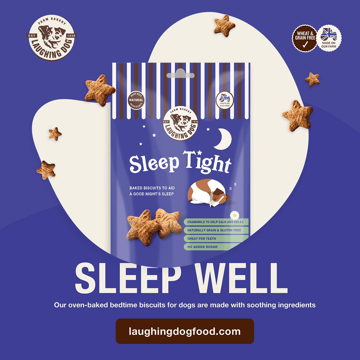 Laughing Dog - Sleep Tight - Naturally Grain Free Oven-Baked Dog Treats, Gluten Free With No Added Sugar - Purple,125g