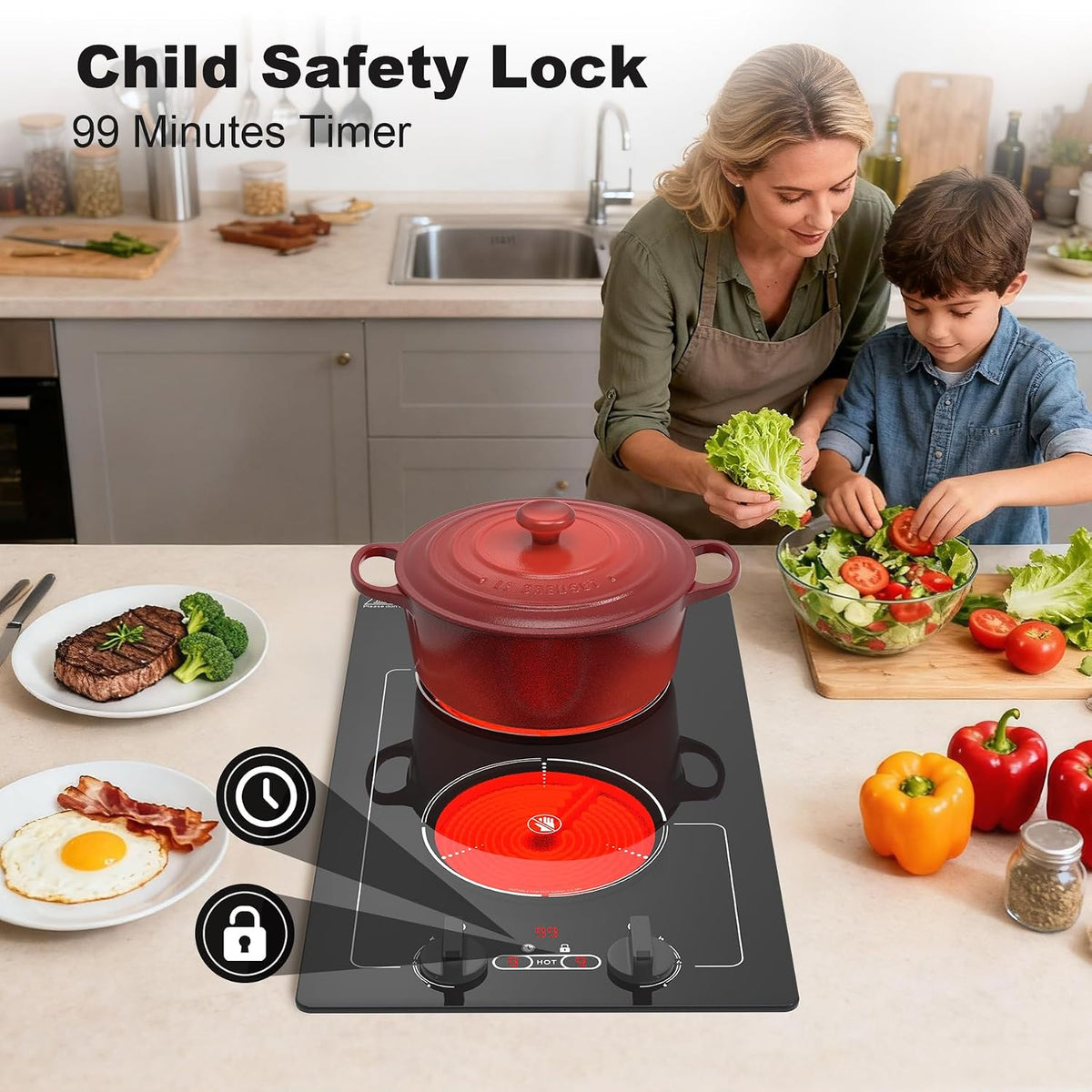 VBGK 2 Ring Electric Hob with Knob, 220V 3000W Double Ceramic Hob, 9 Power Levels, Kids Lock & Timer, Hot Surface Indicator, Overheat Protection, Knob and Touch Control Double Electric Hob