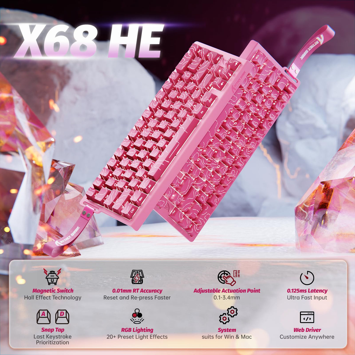 ATTACK SHARK X68 HE 8000Hz Rapid Trigger Keyboard, 0.01mm RT Accuracy Wired Gaming Keyboard with Magnetic Switch, Adjustable Actuation, Rapid Trigger, Snap Tap, RGB Lighting for PC/Mac, Black