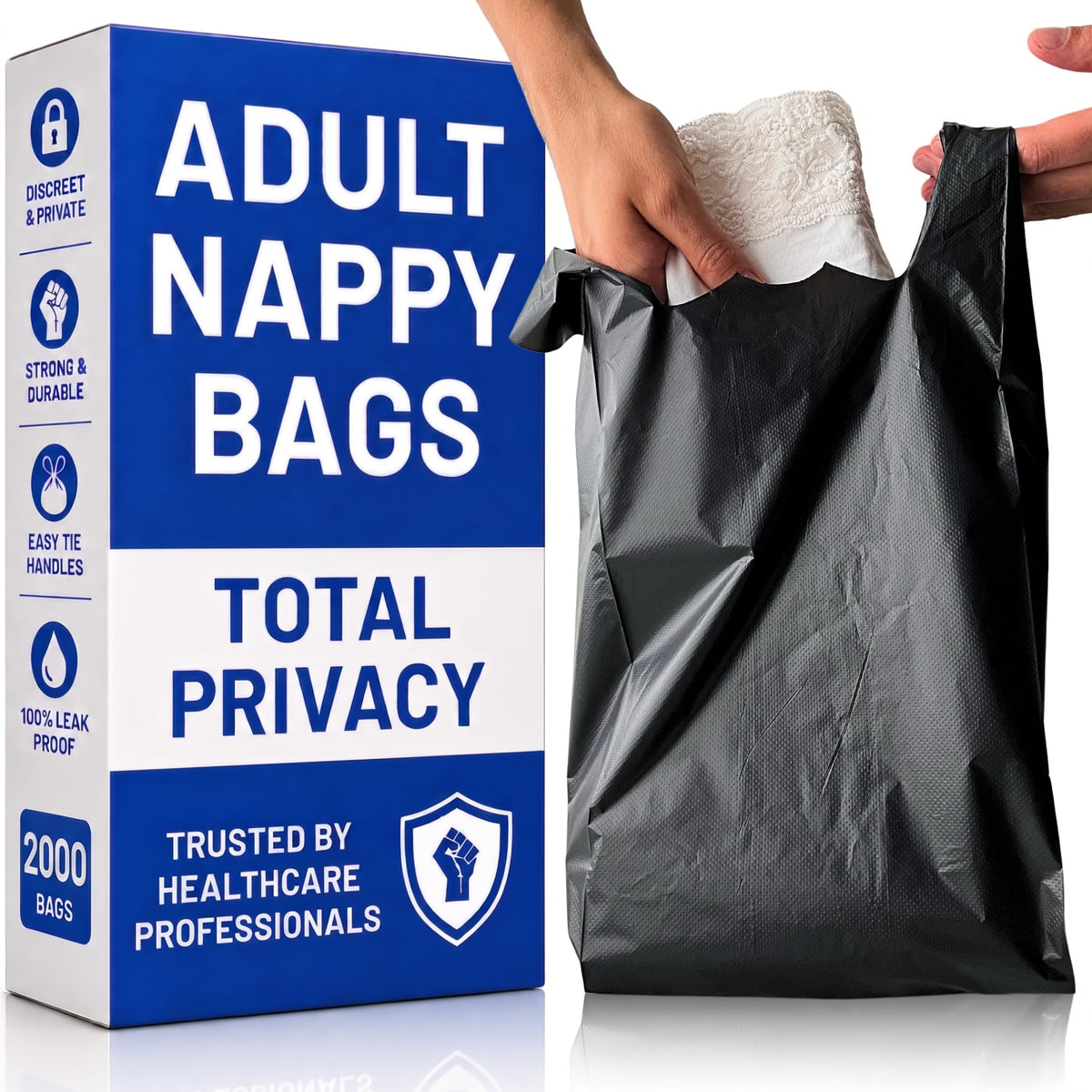 Adult Nappy Bags - 200 Pack, 20% Thicker Sacks, Easy Tie Handles, Odour Free, Discreet Black Plastic, Strong Sanitary Disposal Bag, Large Incontinence Pads