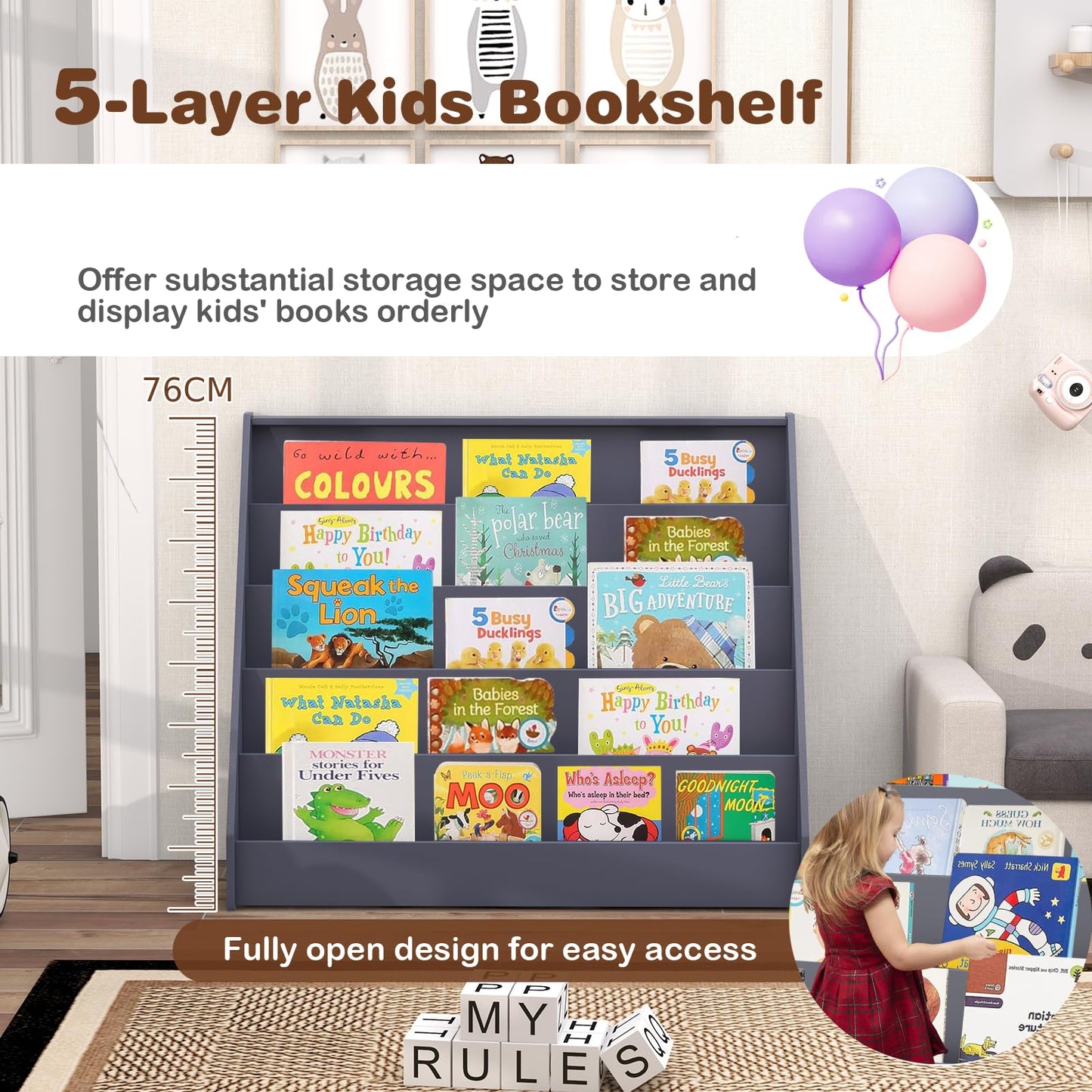 COSTWAY Wooden Kids Bookshelf, 5 Tier Children Bookcase with Deep Compartments, Back Storage Space, Front-Facing Books Display Rack for Playroom, Daycare, Kid’ Room (Rustic Brown)