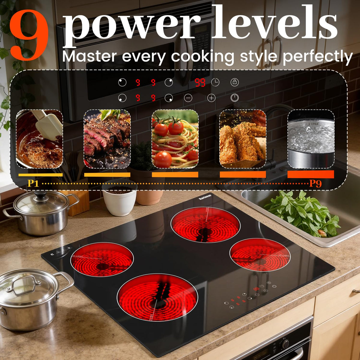 Karinear Electric Ceramic Hob 60cm 4 Zones with Built-in Extractor Hood