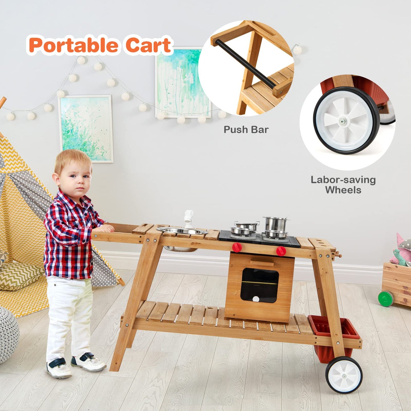 COSTWAY Wooden Mud Kitchen, Outdoor Kitchen Playset with Umbrella, Sink, Storage Cabinet and Accessories, Wheeled Role Pretend Cooking Cart for Kids Toddlers (Natural+White)