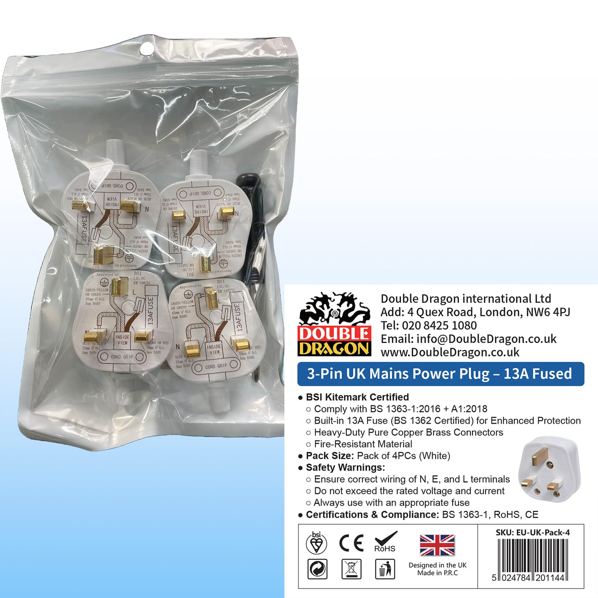 Double Dragon 13 Amp UK 3-Pin Plug | Heavy-Duty Rewireable Electrical Plug | Durable & Safe PC Flame Retardant Material | BS1363 & BSI Certified | Cord Grip for Secure Wiring (Pack of 2, Black)
