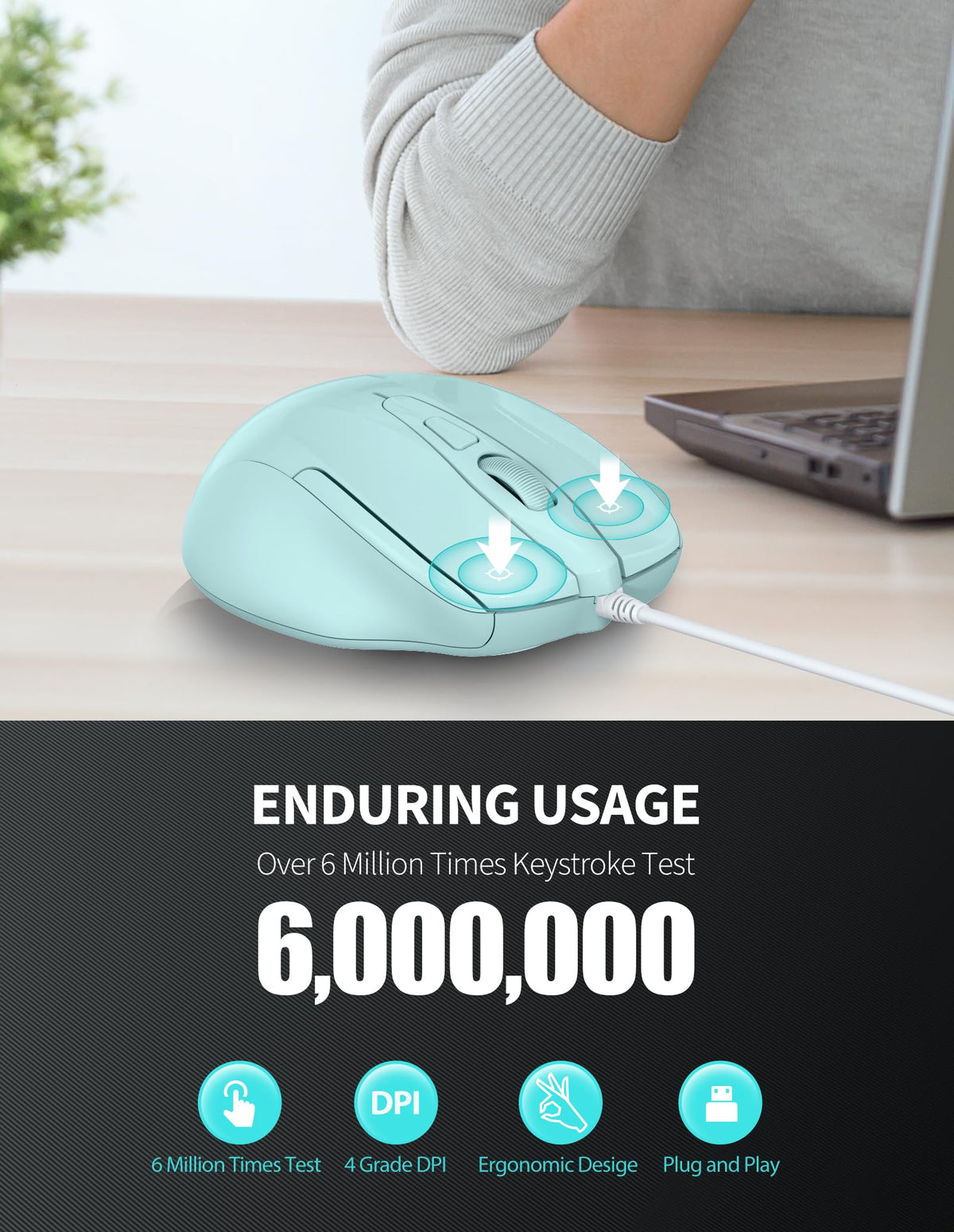 TECKNET USB Wired Mouse, 6400 DPI Mice 4 Adjustable DPI with 6-Button Corded, Optical Computer Mouse with Ergonomic Design for Laptop, Chromebook, PC, Desktop, Mac, Notebook