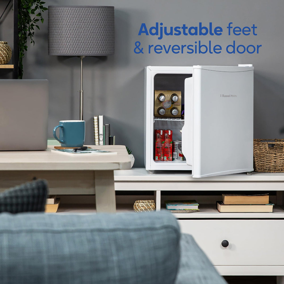 Russell Hobbs Table Top Larder Mini Fridge 43 Litre Capacity, Reversible Door & Adjustable Feet, Small Fridge, Manual Temperature Control, Ice Box, Black RHTTF0E1B