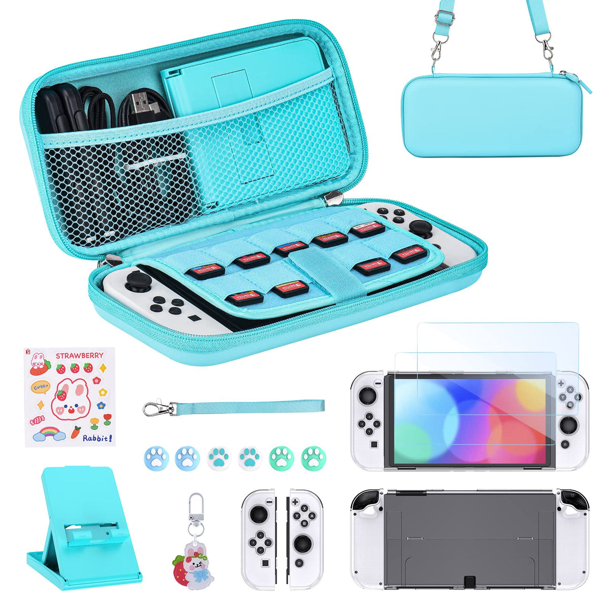 Younik Switch Accessories Bundle, 17 in 1 Switch Accessories Kit for Girls Include Switch Carrying Case with 9 Game Card Slots, Adjustable Stand, Protective Case for Switch Console & J-Con (Blue)