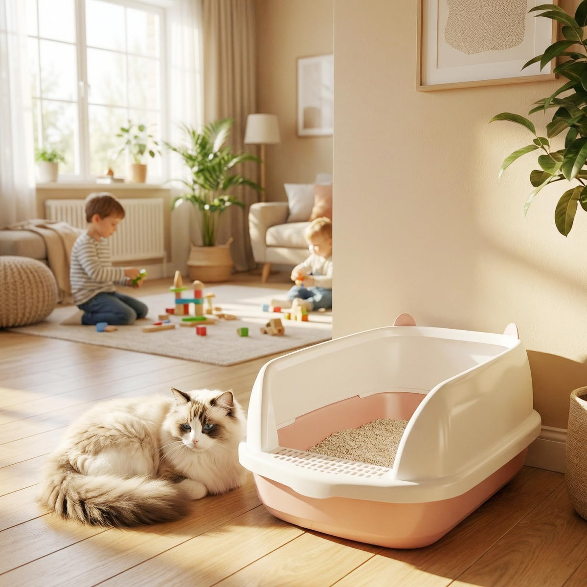 Cat Litter Tray Box, Litter Box, Plastic Cat Open Top Litter Tray with Free Scoop Kitten Detachable Rim Easy Cleaning,49 x 38 x 23cm (Grey)