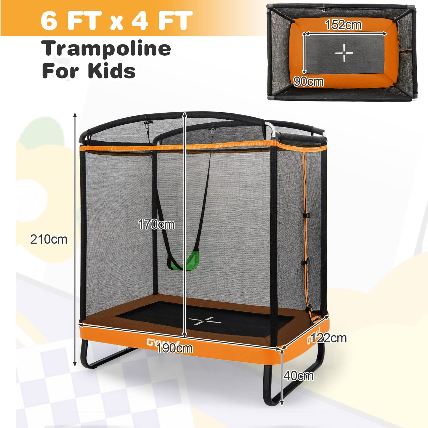 COSTWAY 6FT Kids Trampoline, 2 in 1 Toddler Trampolines with Swing and Enclosure Safety Net, Rectangle Trampoline for Outdoor