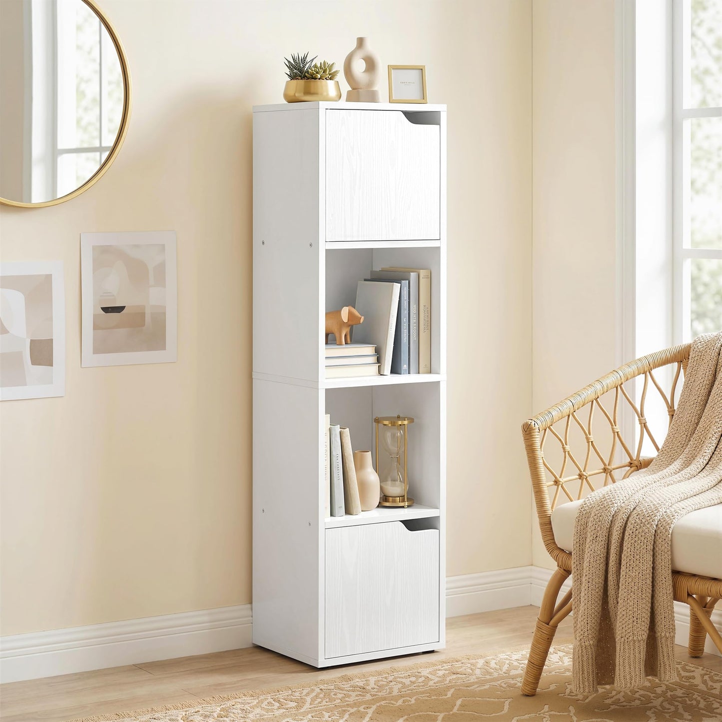 HOMCOM Bookcase with 2 Cabinets and Doors, 4-Tier Bookshelf, Storage Cabinet with Open Shelves and Anti-Tipping Design, for Living Room, Bedroom, Home Office, White
