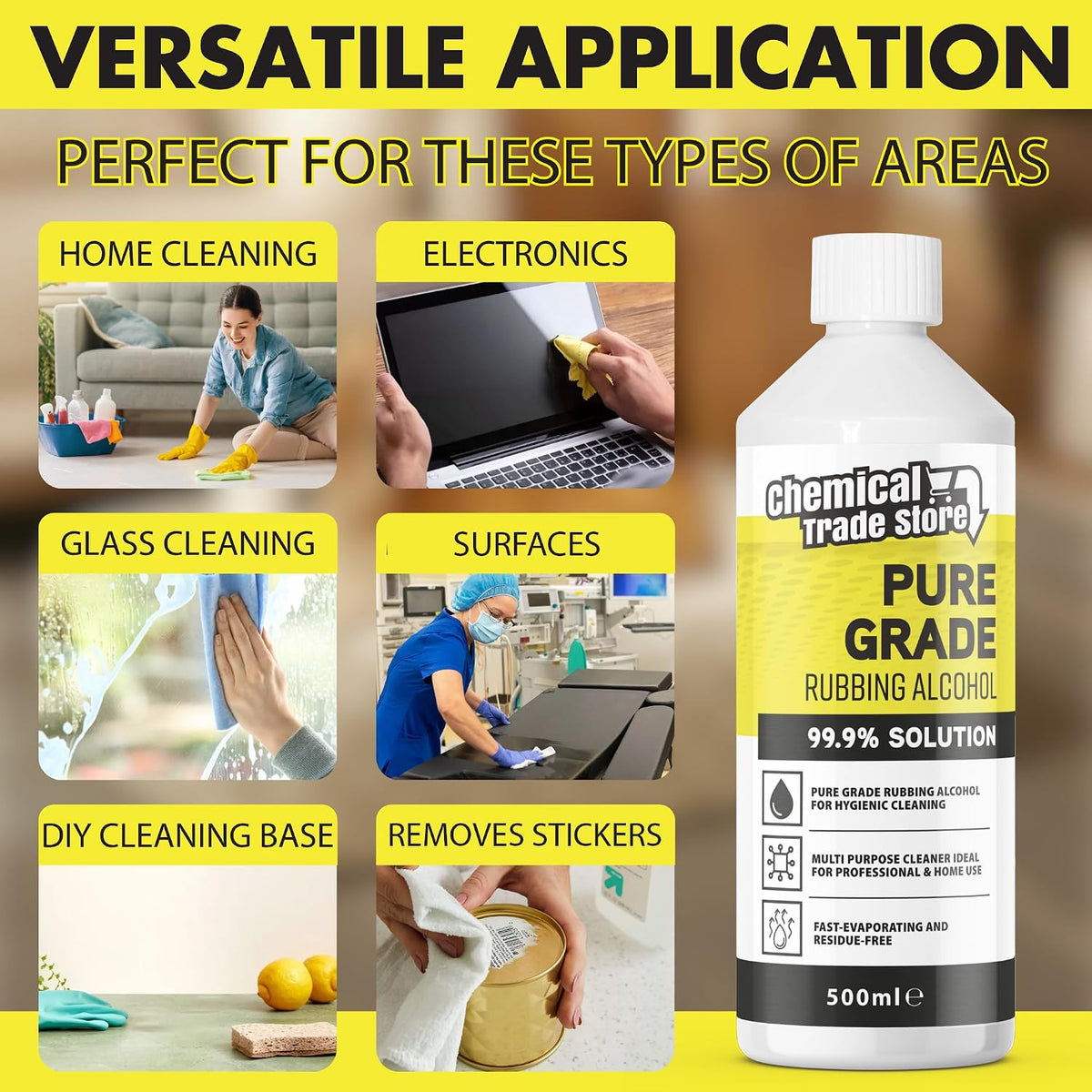 Rubbing Alcohol 99.9%, 500ml - High Purity Isopropyl Alcohol for Hygienic Surface Cleaning, Care Homes, Household Cleaning, Glass, Mirrors, Bathrooms, Kitchens & Hard Surfaces