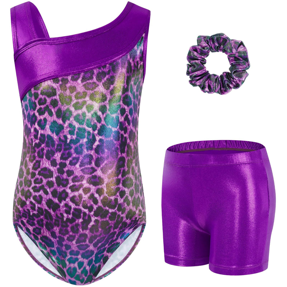 Gogokids Girls' Three-Piece Gymnastics Set, Sleeveless Leotards with Shorts and Hairband, Sparkling Ballet Dancing Unitards - Gymnastics Outfit with Gradient Color Design for 3-12 Years
