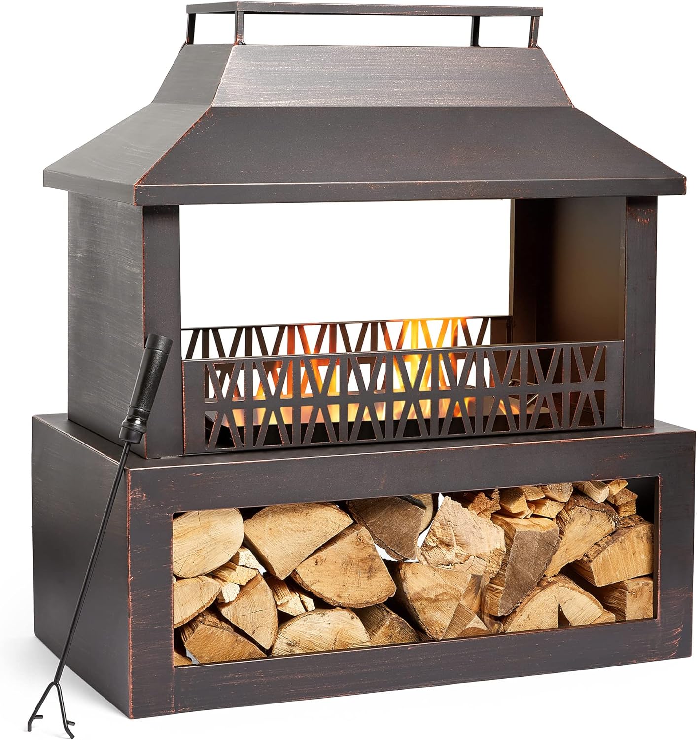 VonHaus Outdoor Fireplace, Fire Pit with Log/Wood Store for Garden, Patio, Fuel with Wood, Logs, Charcoal, Brushed Metallic Finish, Geometric Design, Steel, Weather Resistant, Includes Fire Poker