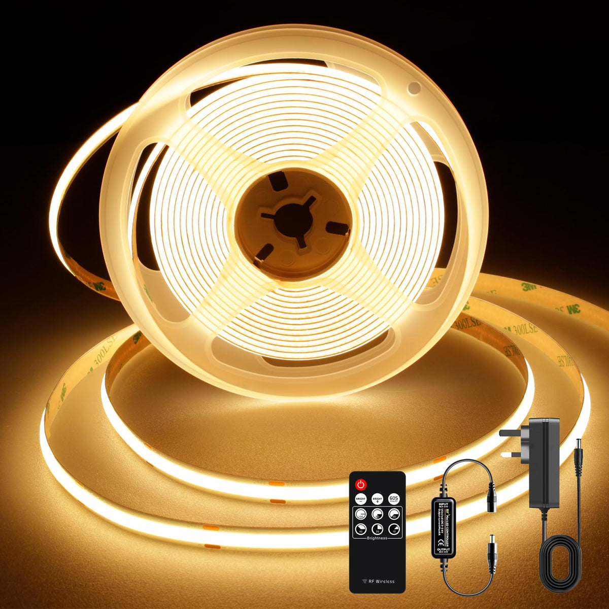 TTWAY COB LED Strip Lights 2700K, Dimmable LED Strip Kit, Super Bright 24V LED Tape Lights CRI90+ with RF Remote and UKCA Power Supply for DIY Home Decoration, 5M, 2400LEDs, Warm White.