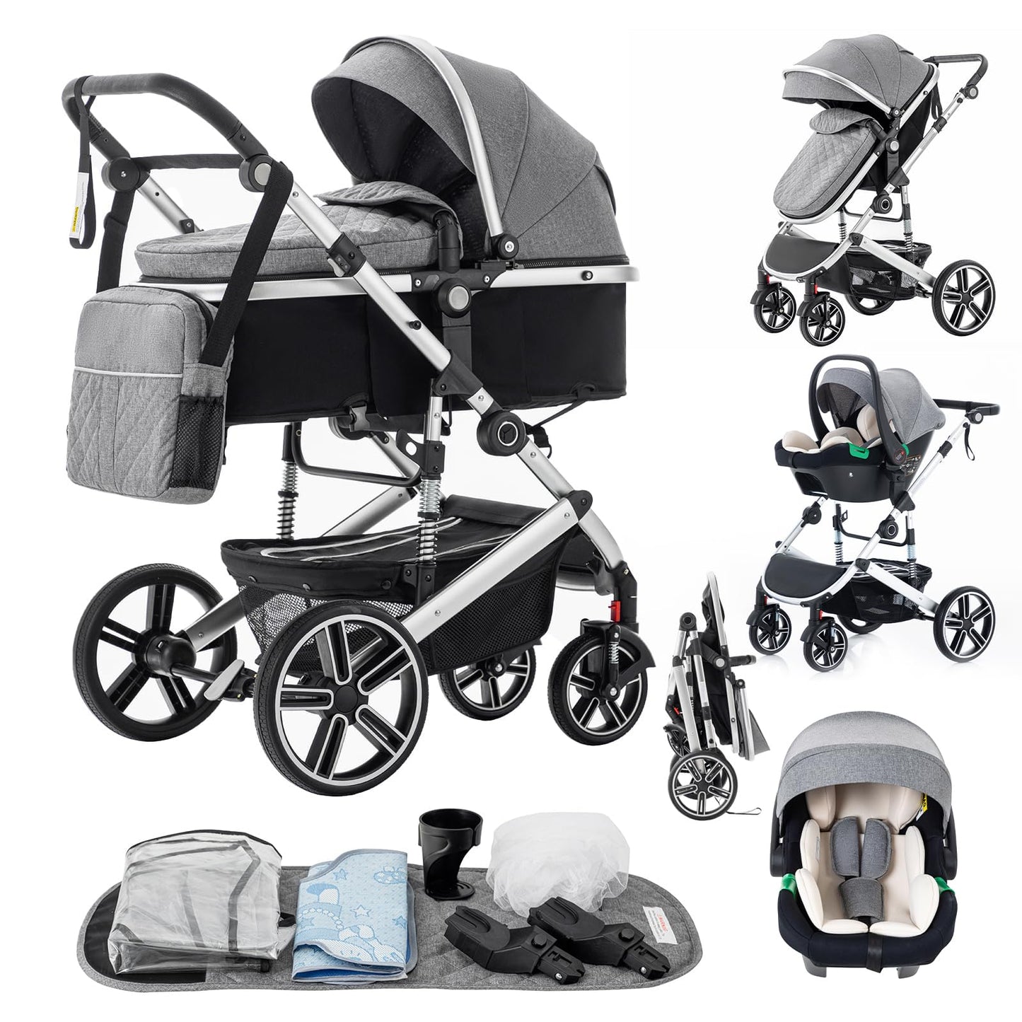 Zkipm Baby Pram 3 in 1, Foldable Baby Stroller,Pram Set Travel with Adjustable-Height Push Handle, Present Rain Cover, Mosquito Net, Bag, Cooling Mat, ect for Ages 0–3