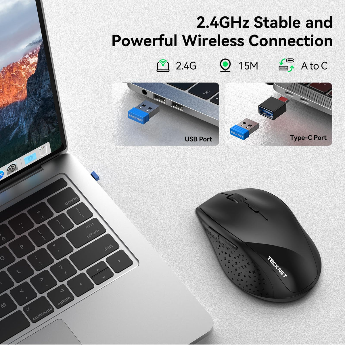 TECKNET Wireless Mouse for Laptop, 4800 DPI Optical Computer Mice with 6 Adjustable Levels, 30 Months Long Battery Life 2.4G Cordless USB Silent Mouse for Notebook, PC, Office Home Work -Grey