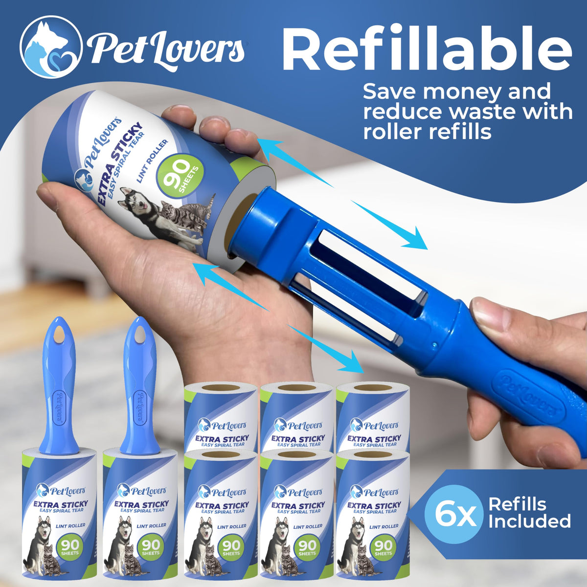 PetLovers Extra Sticky Lint Roller Mega Value Set 450 Sheets for Pet Hair Removal Dog and Cat Lint Remover 5 Pack
