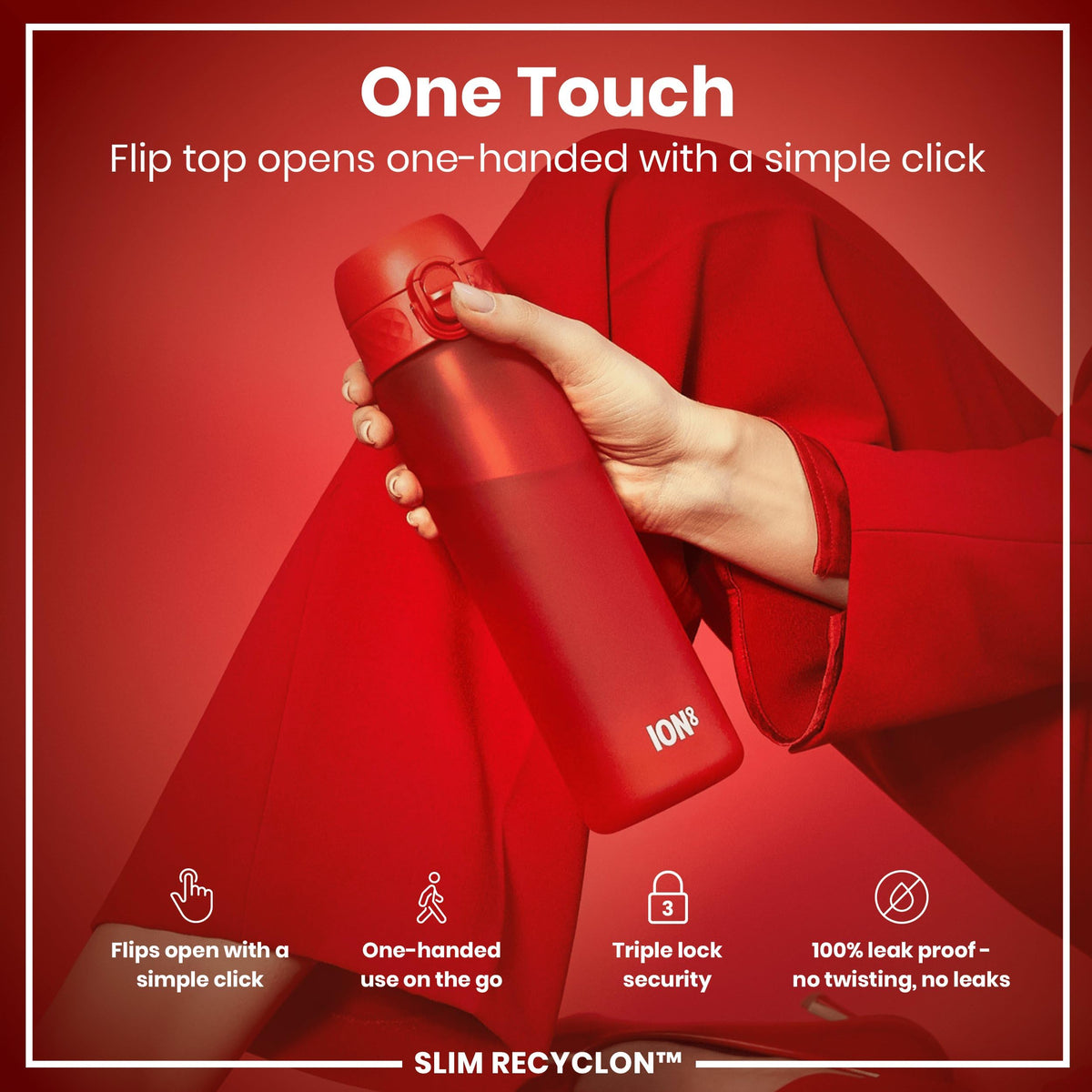 Ion8 Water Bottle, 500 ml/18 oz, Leak Proof, Easy to Open, Secure Lock, Dishwasher Safe, Hygienic Flip Cover, Carry Handle, Fits Cup Holders, Easy Clean, Hot Pink