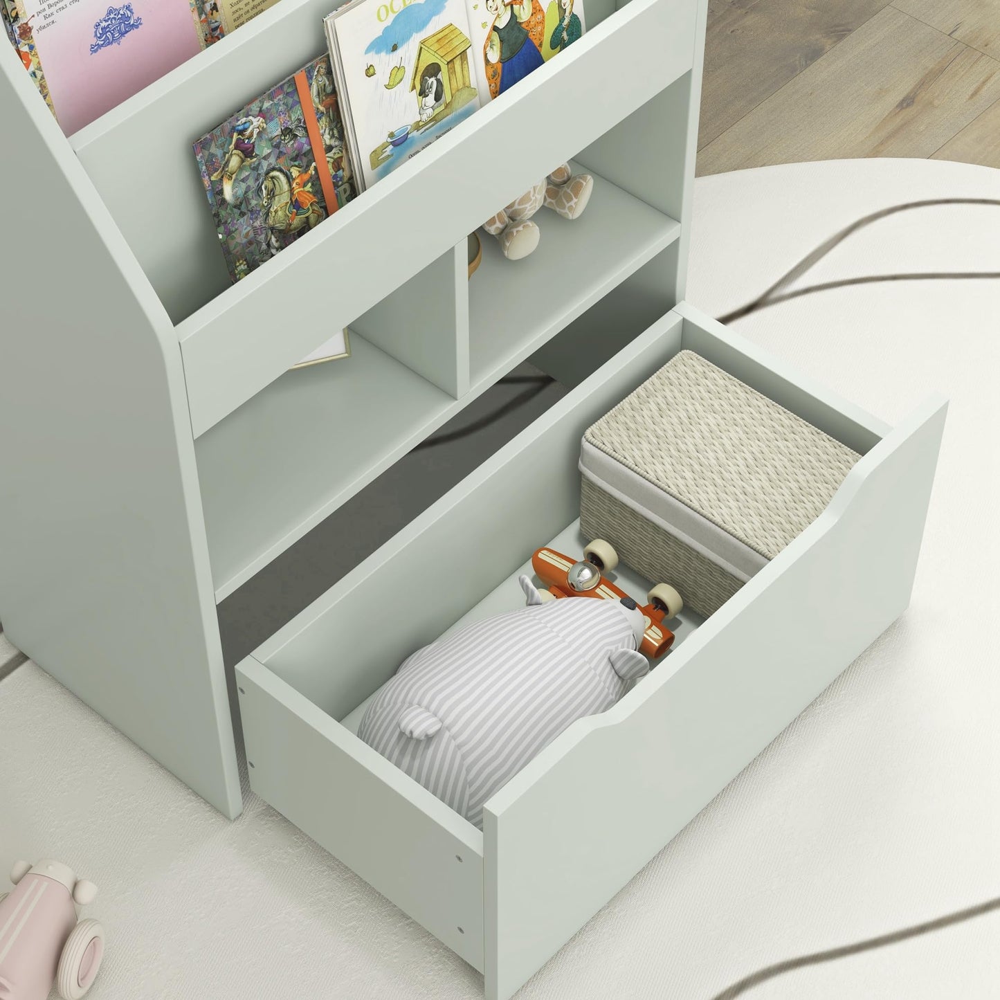 HOMCOM Kids Bookshelf with Moveable Drawer, Montessori-Inspired Children's Bookcase with Wheels, Toy Organiser for Bedroom, Playroom - White