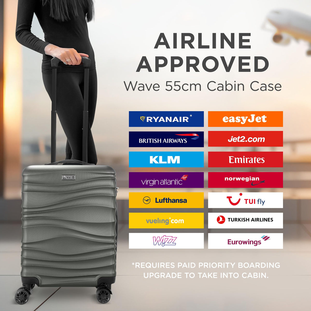 Avio Carry-On Cabin Luggage 55x40x20cm | Hard Shell Suitcase 4 Wheels