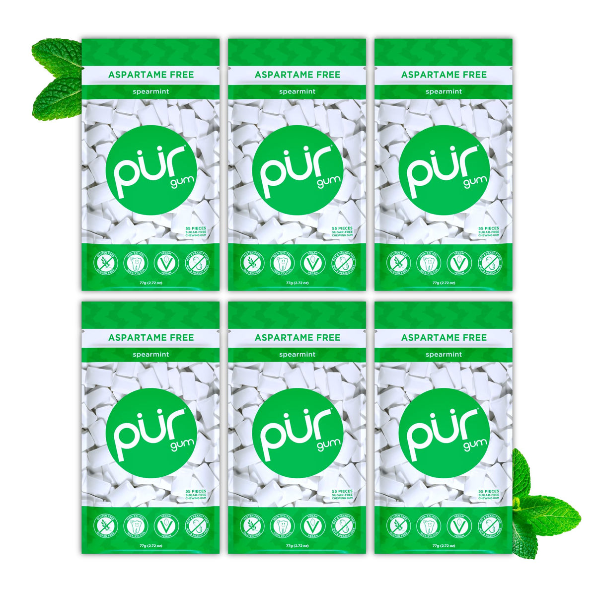 PUR Gum, Spearmint, Xylitol Gum, No Artificial flavour, 55 Count