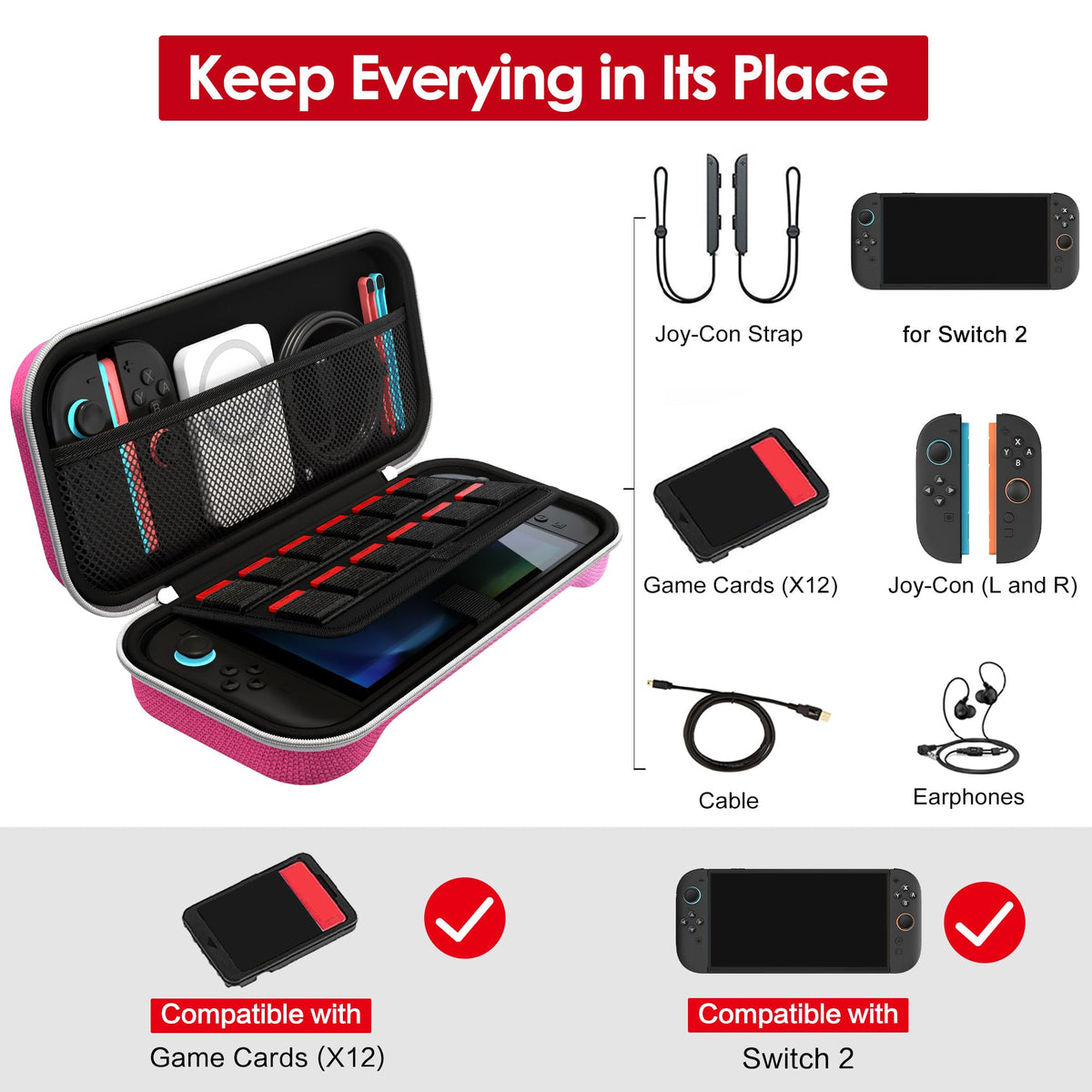 ivoler Carry Case for Nintendo Switch 2 (2025 Model) – Protective Portable Hard Shell Pouch Carrying Travel Game Bag for Nintendo Switch 2 Accessories Holds 12 Game Cartridge– Black