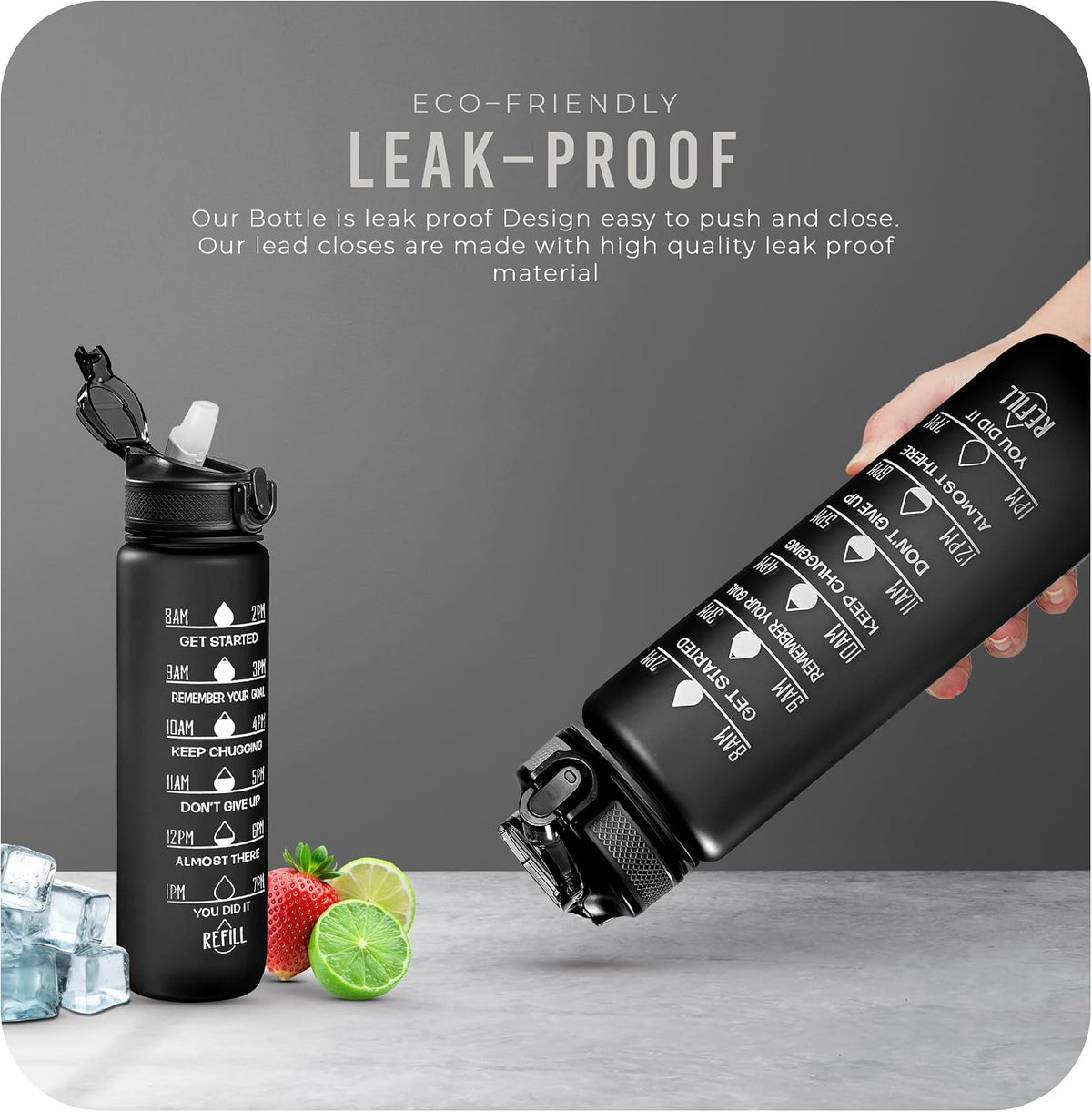 Roe Tenpo Sports Water Bottle with Straw and Time Marking, and 32OZ Capacity - Motivational and Eco-Friendly BPA-Free Bottle for Running, Gym, Yoga, Outdoors, and Camping (Style-1, Black)