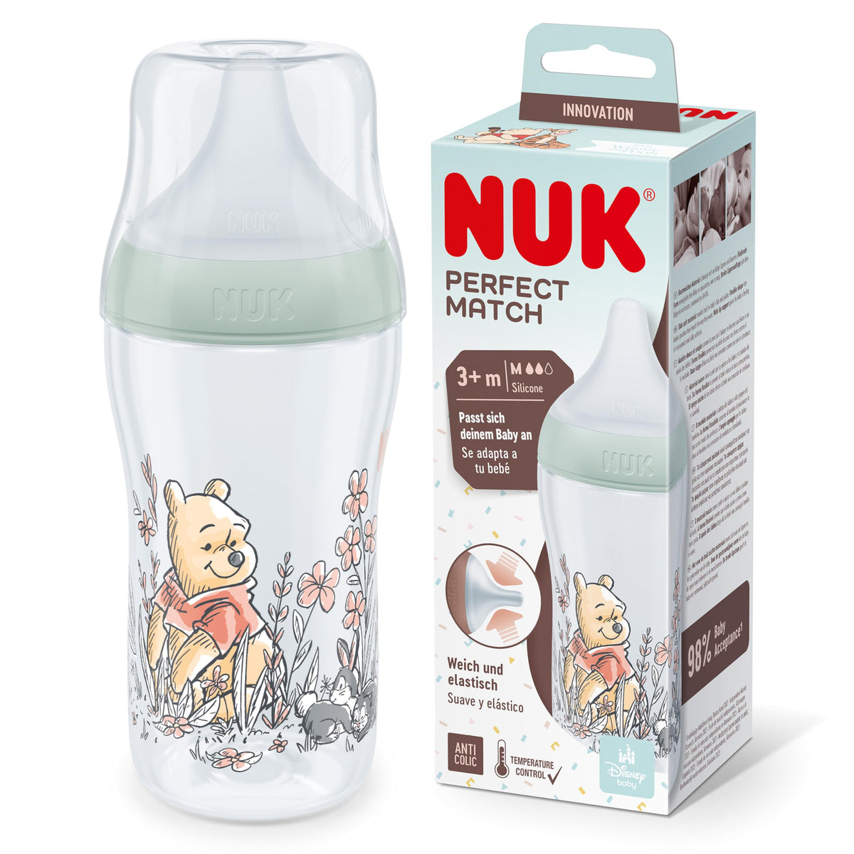 NUK Perfect Match Newborn Baby Bottle Set | 0+ Months | 150ml | Anti Colic Feeding Bottle | PP | Temperature Control Indicator | Rainbow | 4 Count