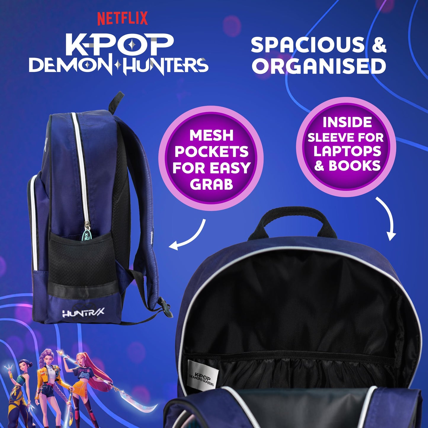 Blue Sky Studios KPop Demon Hunters HUNTR/X Backpack - Official Merchandise - Lightweight Kids School Bag with Padded Straps, Front Pocket & Silver Holographic Details - 36cm K-Pop Purple Rucksack
