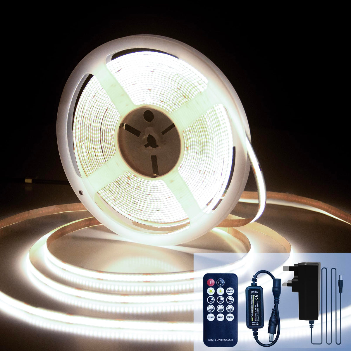 COB LED Strip 7.5m Warm White, 3000K, 24V, Remote Control, 8mm Wide