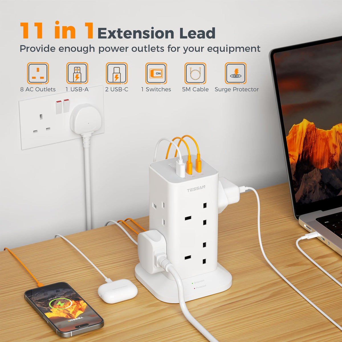 TESSAN Tower Extension Lead with USB C Slots