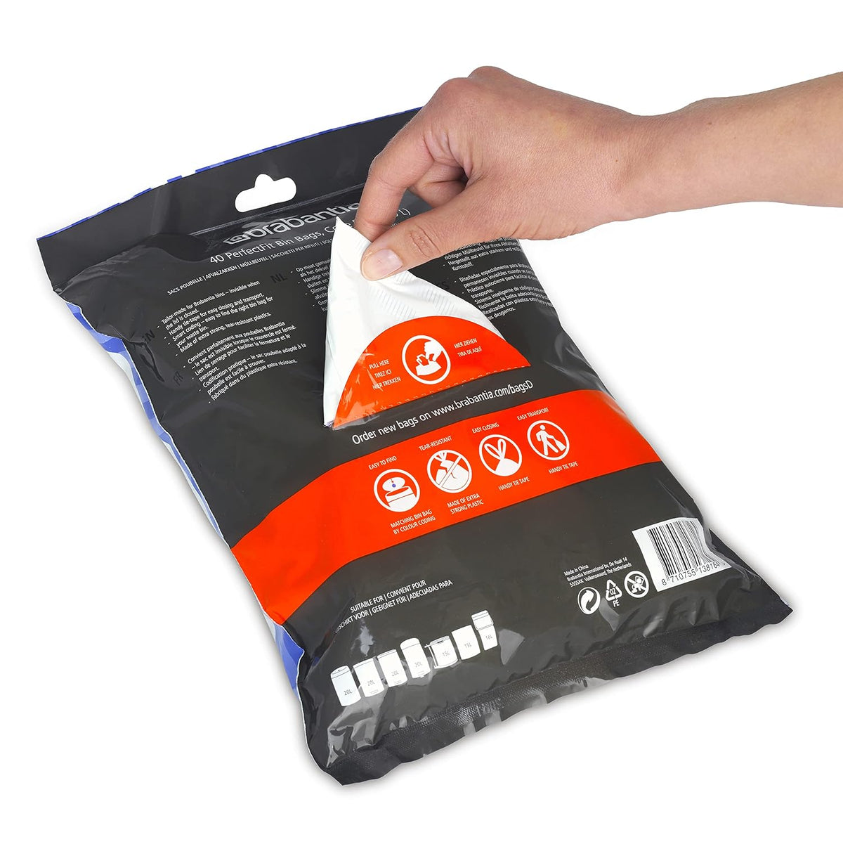 Brabantia PerfectFit Bin Liners, Tear-Resistant, Size D/15-20L (40 Bags)