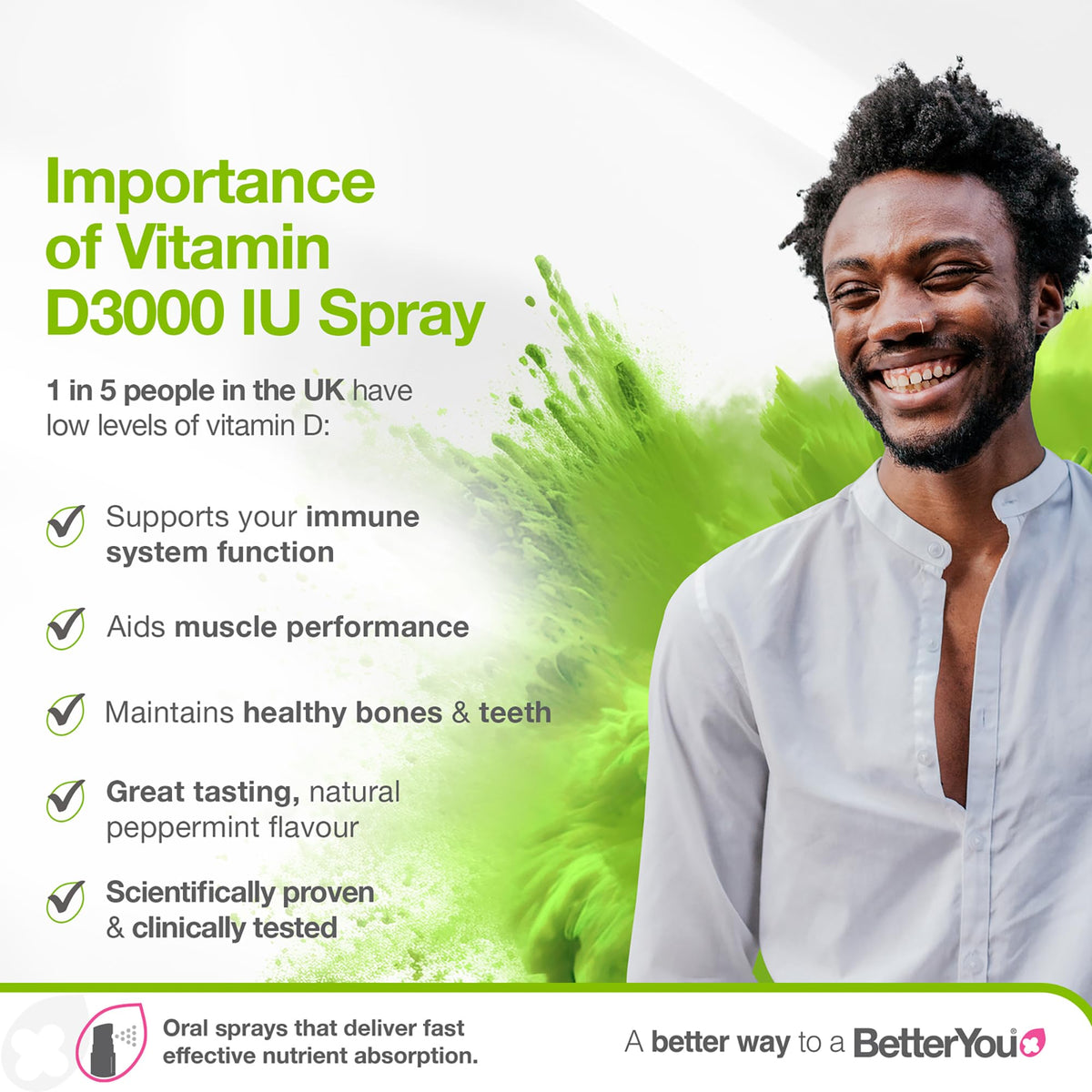 Vitamin D3 4000 IU Oral Spray, High Strength Vitamin D Supplement, 3-Month Supply, Sugar-Free Peppermint Flavour, Made in the UK | BetterYou