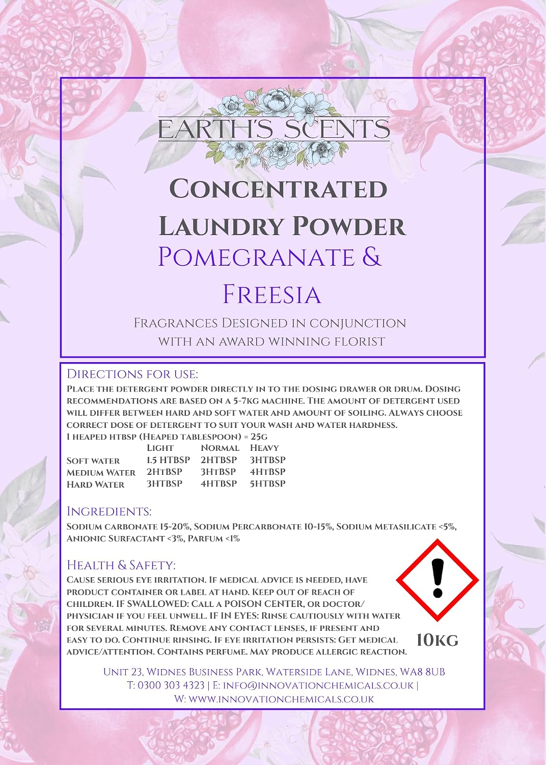 Earth's Scents Pomegranate & Freesia Non-Bio Washing Powder 10KG - Professional Laundry Detergent 200 Washes