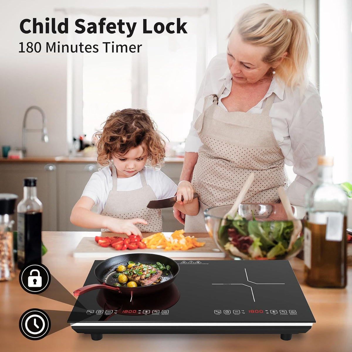 VBGK Double Electric Hob, 220V 3600W Ceramic Hob with Handle, Electric Hot Plate with 9 Power Levels, Child Safety Lock, Timer,Knob and Touch Control, 2 Burner Cooktop